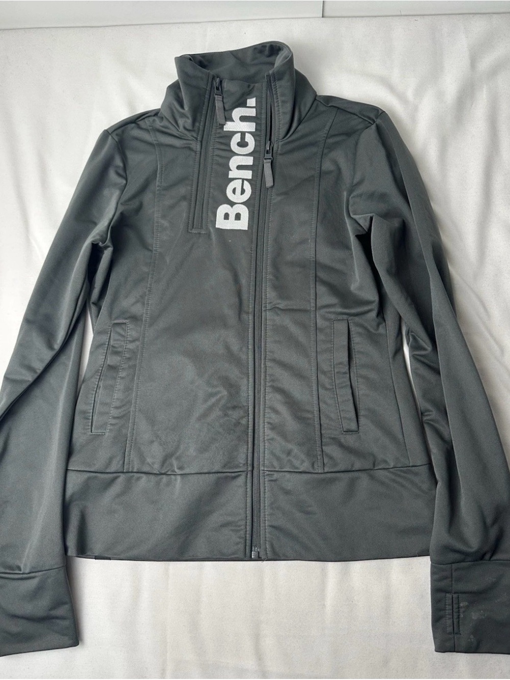 Bench Athletic Jacket Full Zip Asymmetrical Funnel Neck White Logo Women’s M